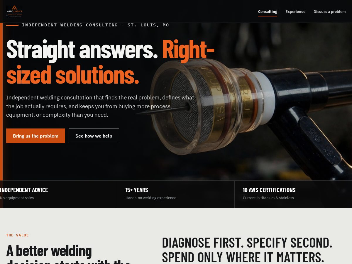 Landing-page snapshot of arclightwelding.com