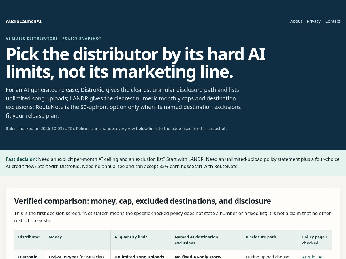 Landing-page snapshot of audiolaunchai.com
