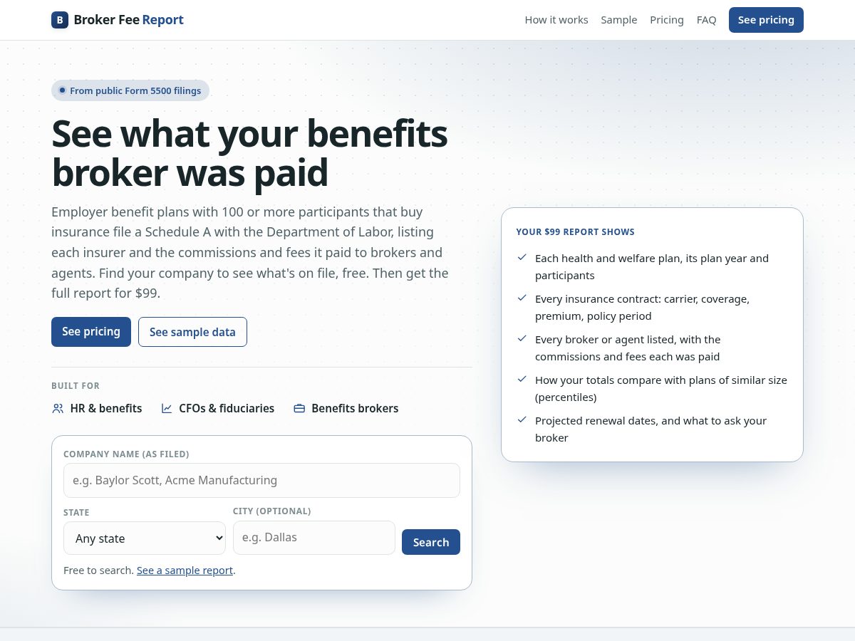 Landing-page snapshot of brokerfeereport.com