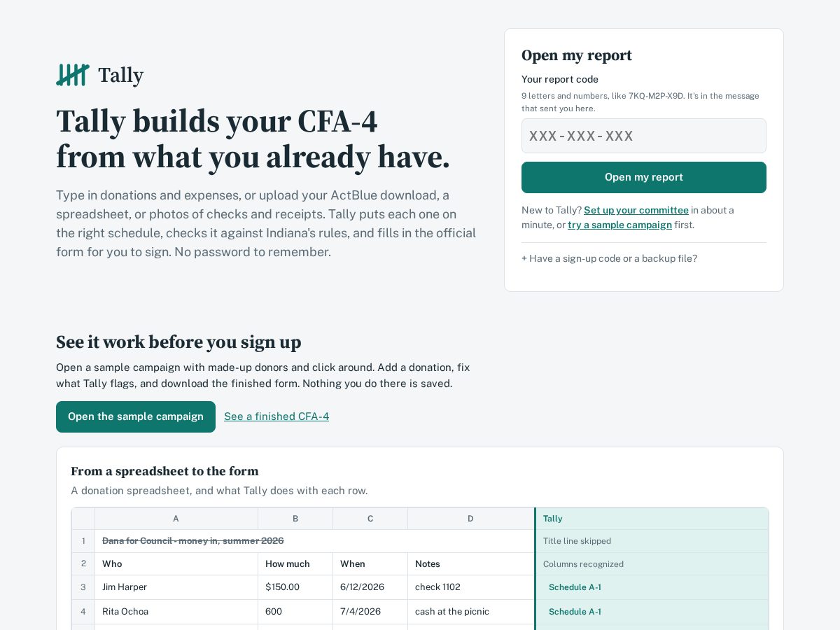 Landing-page snapshot of campaigntally.com