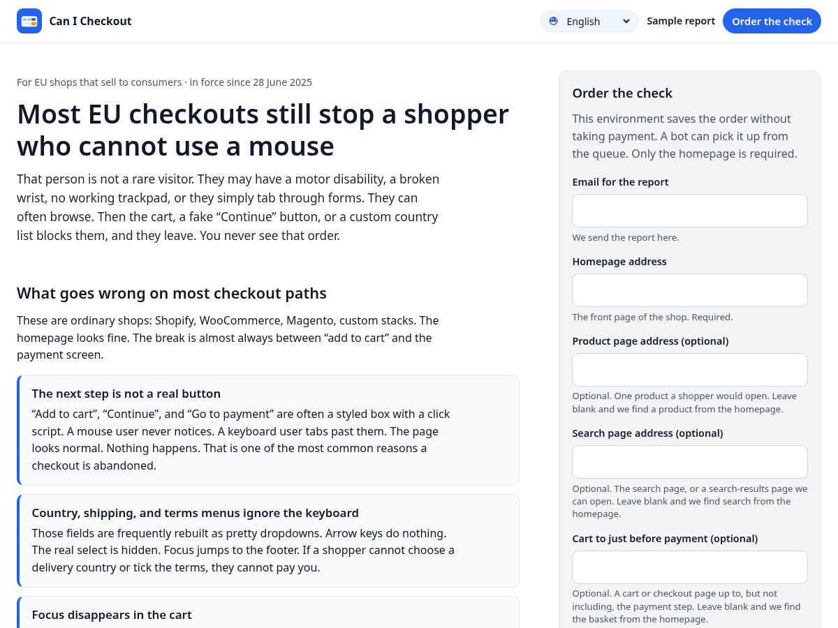 Landing-page snapshot of canicheckout.com