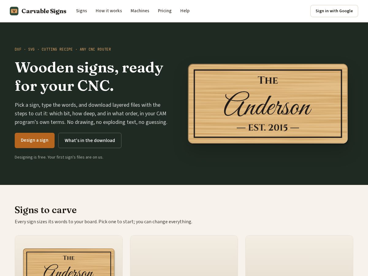 Landing-page snapshot of carvablesigns.com