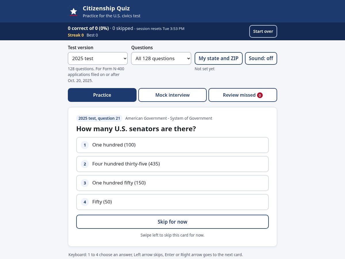 Landing-page snapshot of citizenshipquiz.net