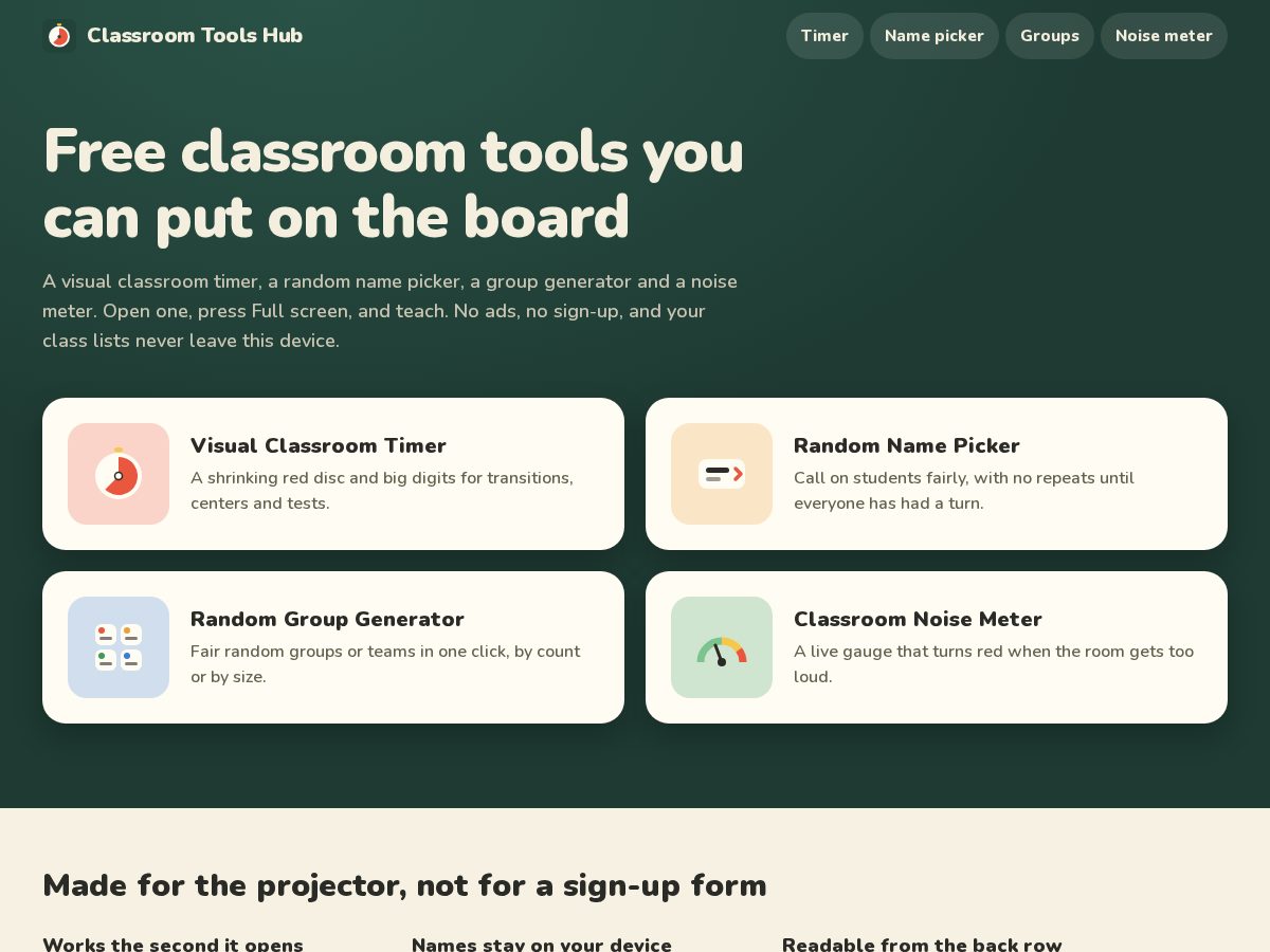 Landing-page snapshot of classroomtoolshub.com