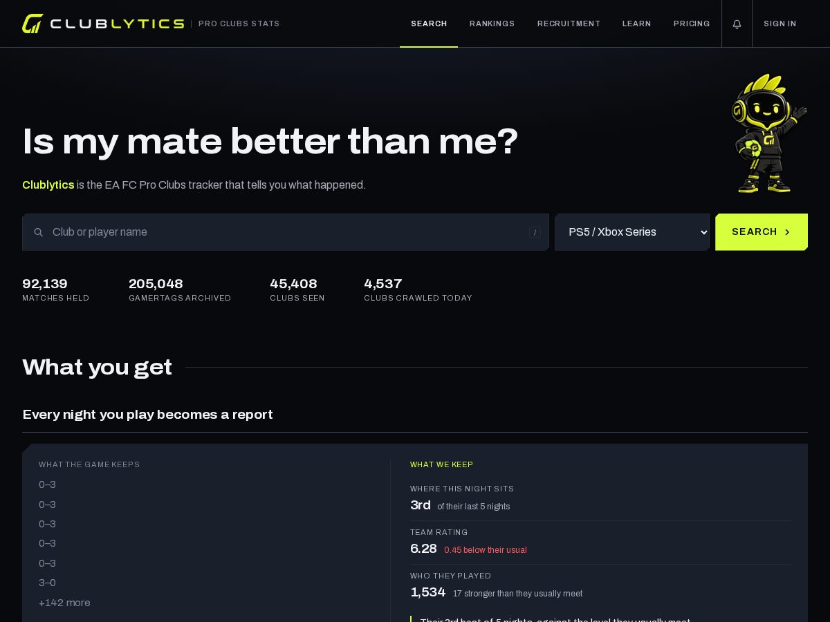 Landing-page snapshot of clublytics.online