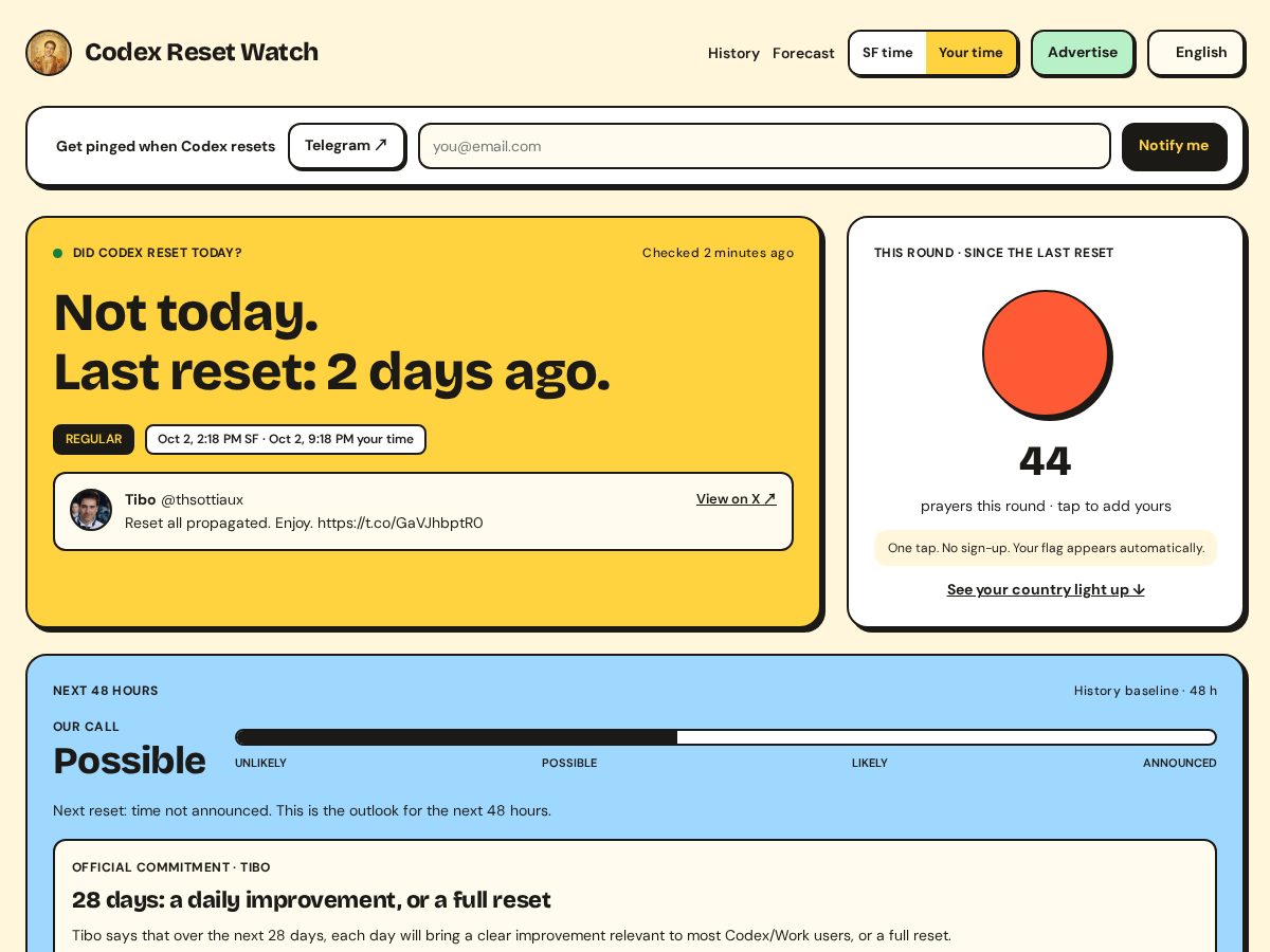Landing-page snapshot of codexresetwatch.com