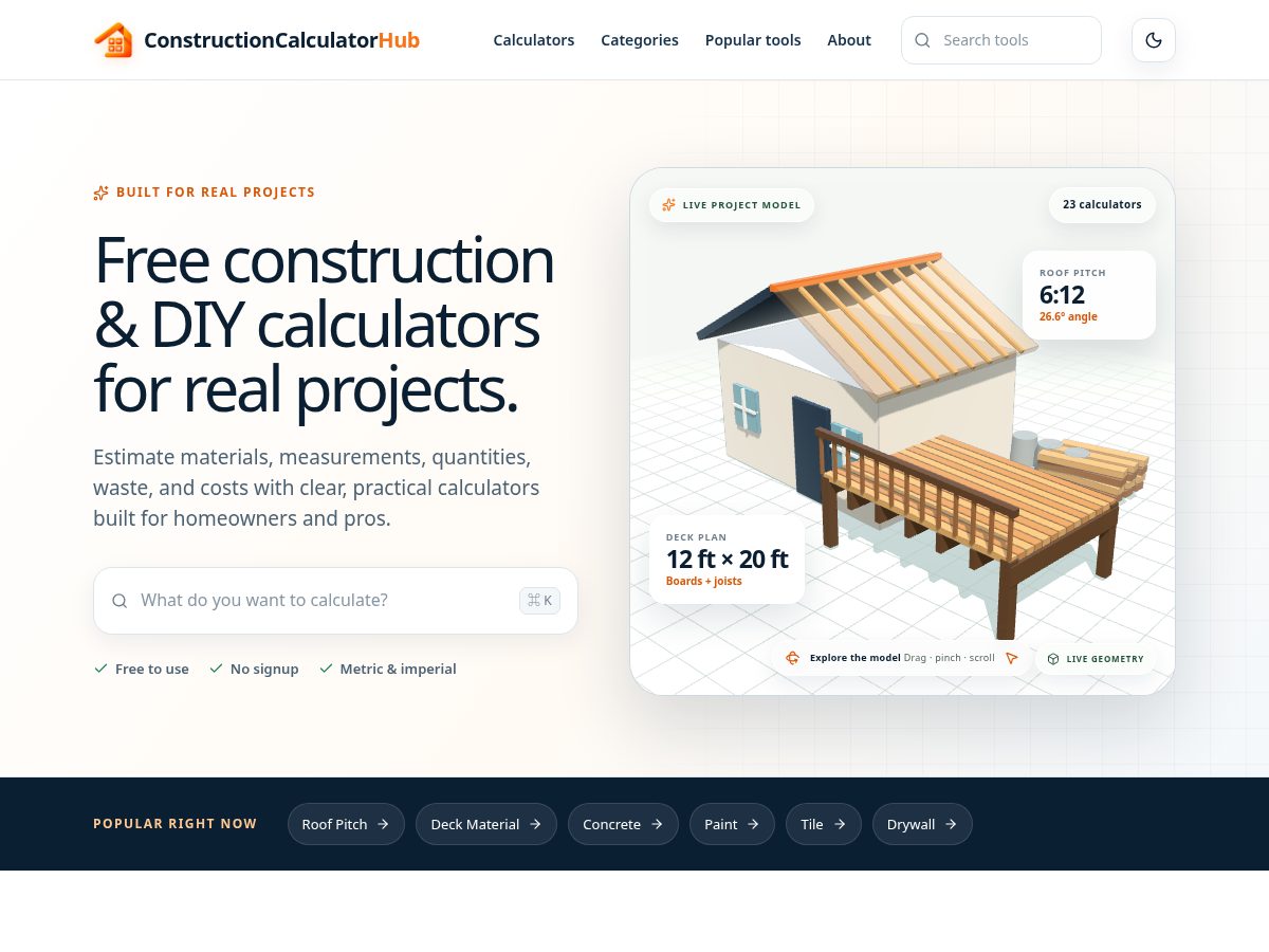 Landing-page snapshot of constructioncalculatorhub.com