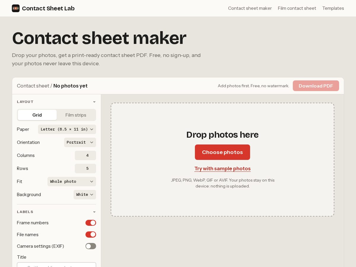 Landing-page snapshot of contactsheetlab.com