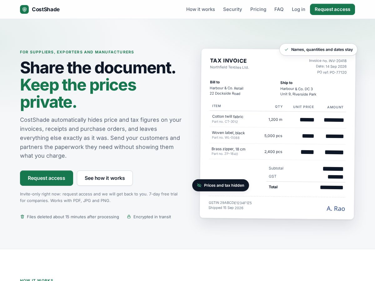 Landing-page snapshot of costshade.com