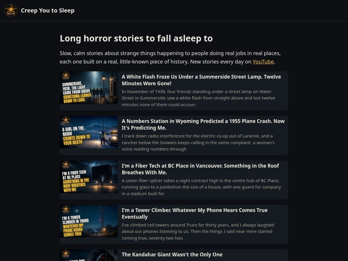 Landing-page snapshot of creepyoutosleep.com