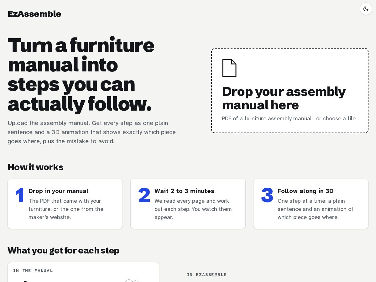 Landing-page snapshot of ezassemble.tech