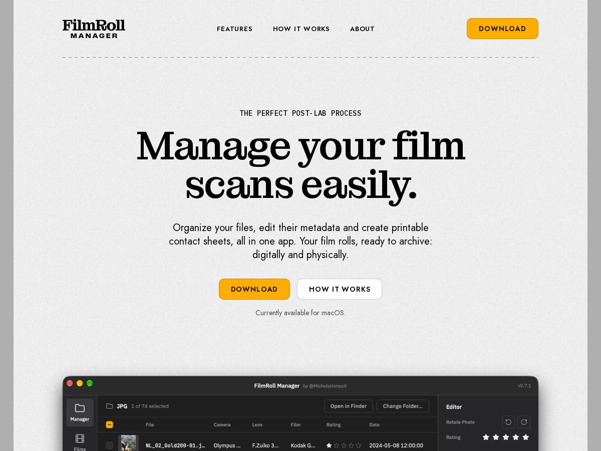 Landing-page snapshot of filmrollmanager.com