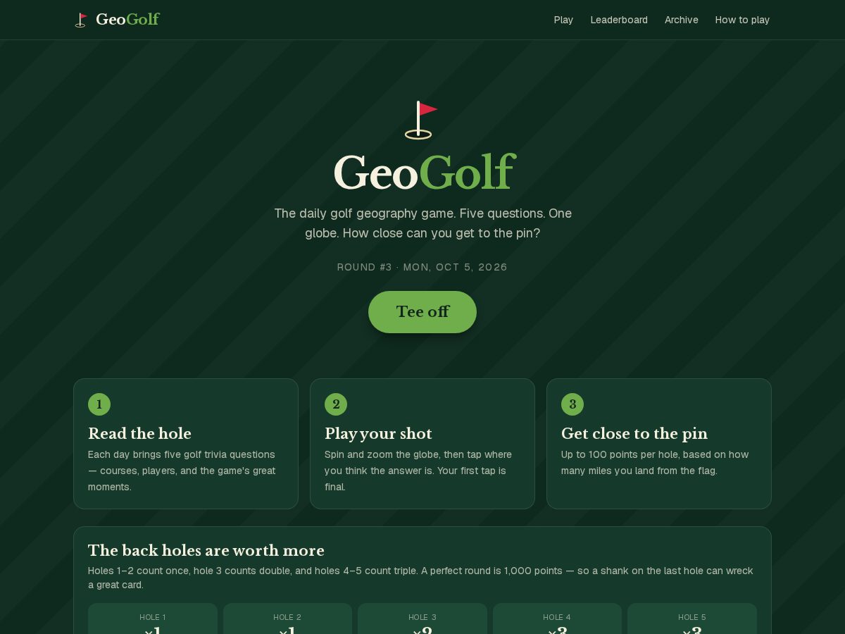 Landing-page snapshot of geogolfgame.com