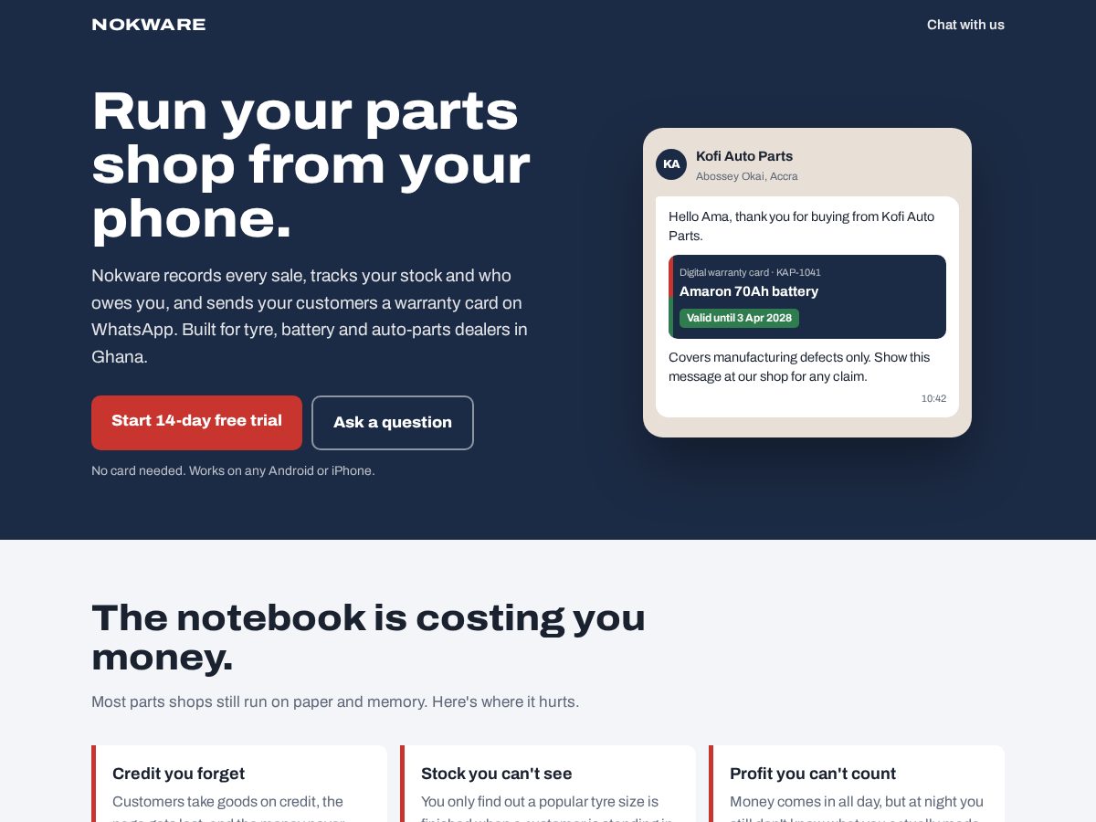 Landing-page snapshot of getnokware.com
