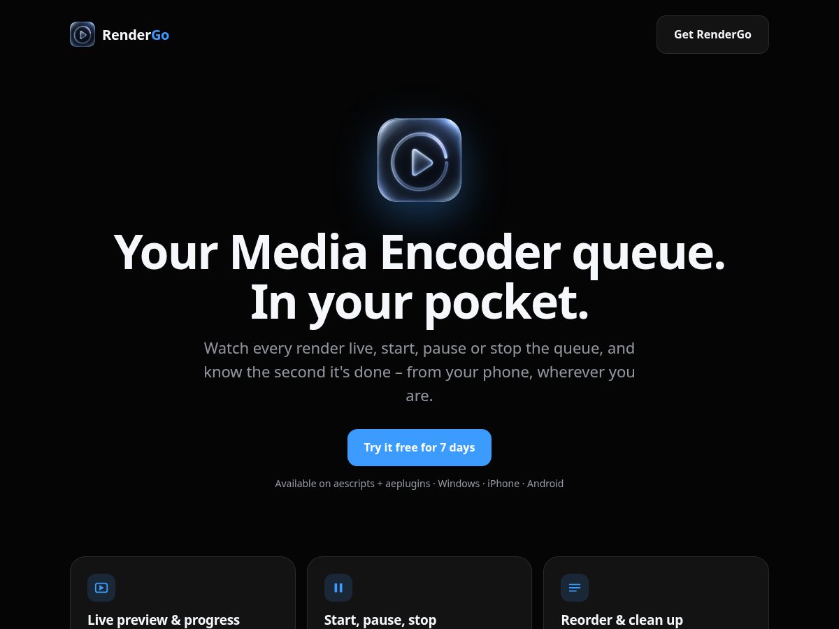 Landing-page snapshot of getrendergo.com