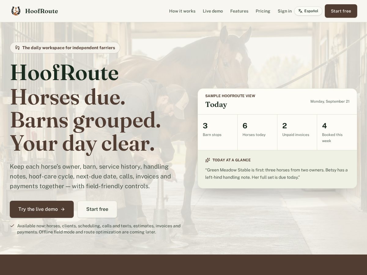 Landing-page snapshot of hoofroute.com
