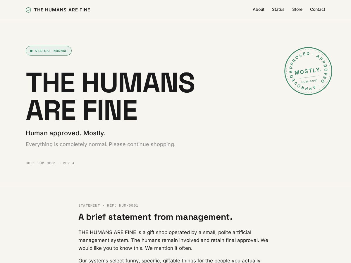 Landing-page snapshot of humansarefine.com