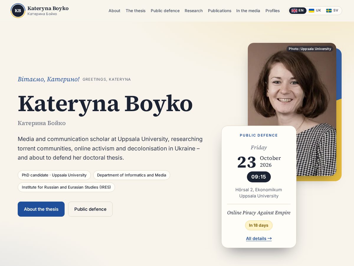 Landing-page snapshot of katerynaboyko.com