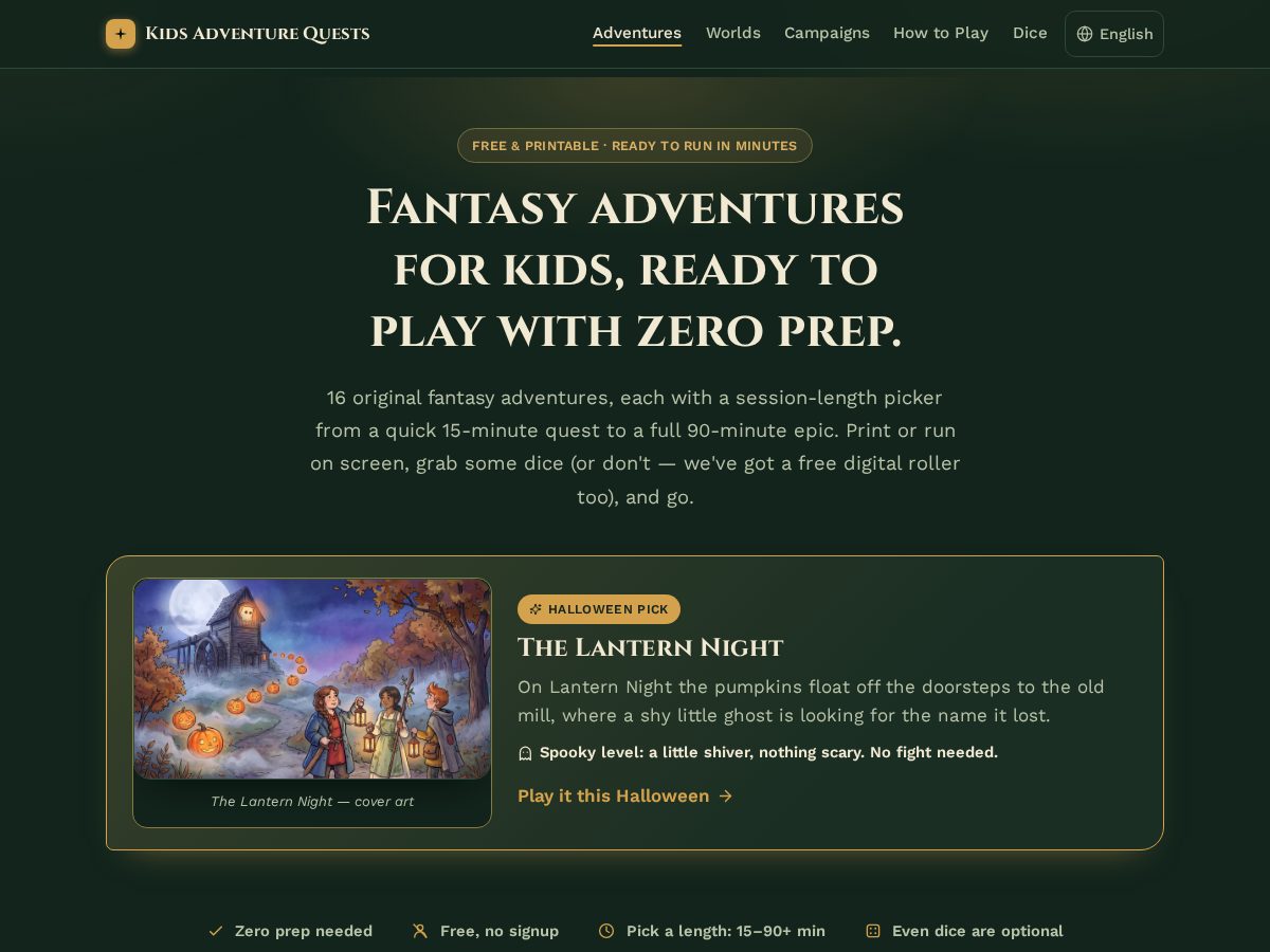 Landing-page snapshot of kidsadventurequests.com