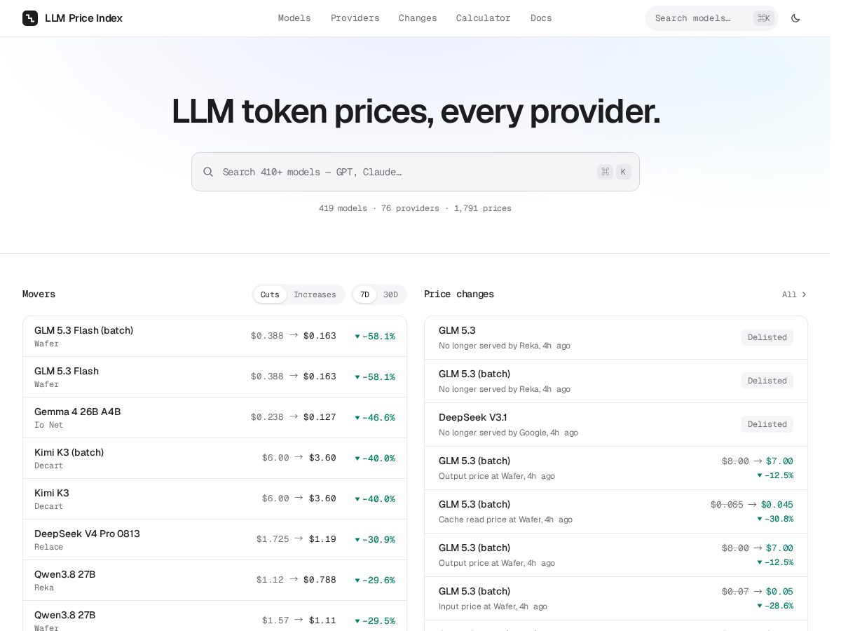 Landing-page snapshot of llmprice.org