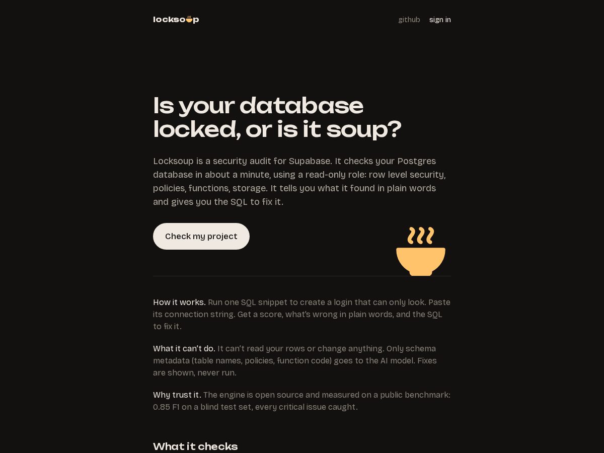 Landing-page snapshot of locksoup.com
