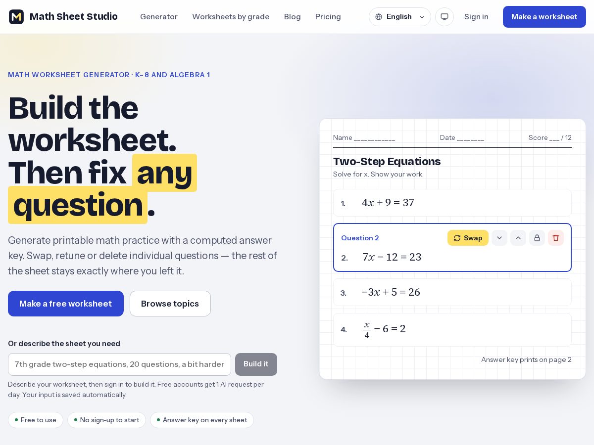 Landing-page snapshot of mathsheetstudio.com