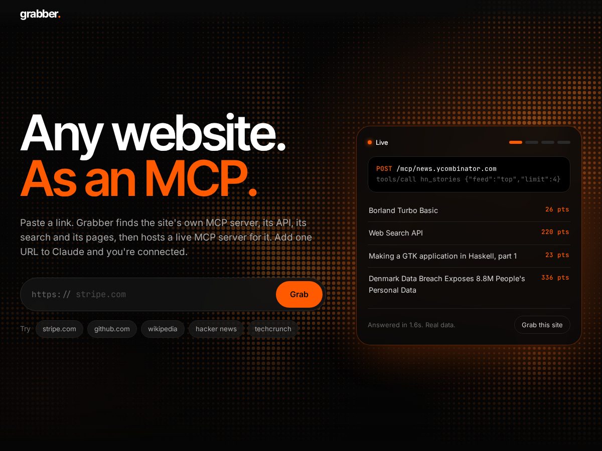 Landing-page snapshot of mcpgrabber.fun