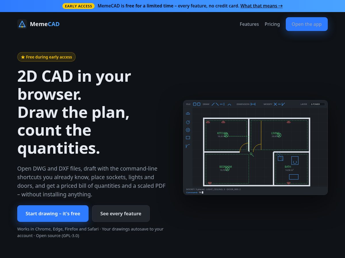 Landing-page snapshot of memecad.com