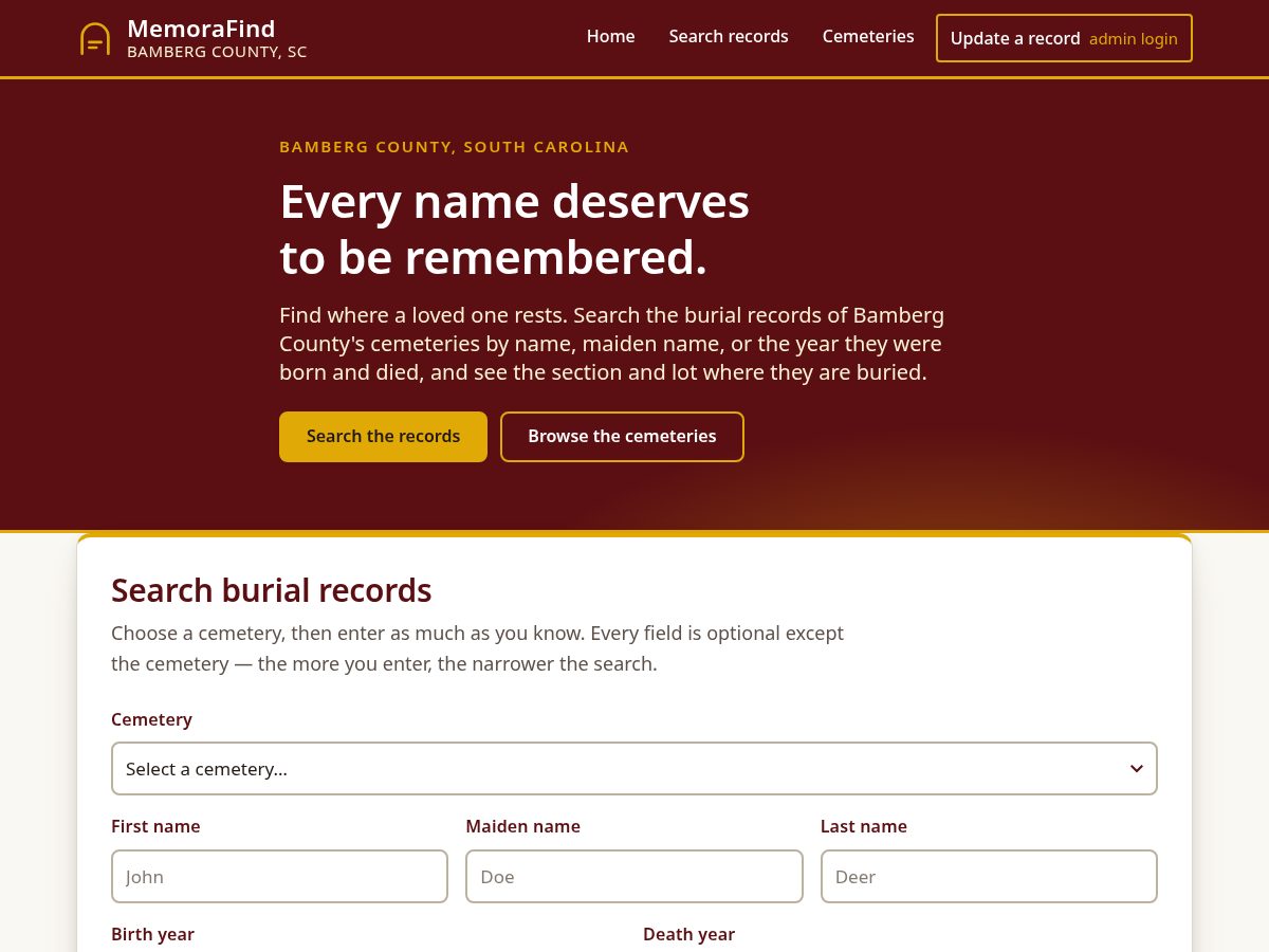 Landing-page snapshot of memorafind.com