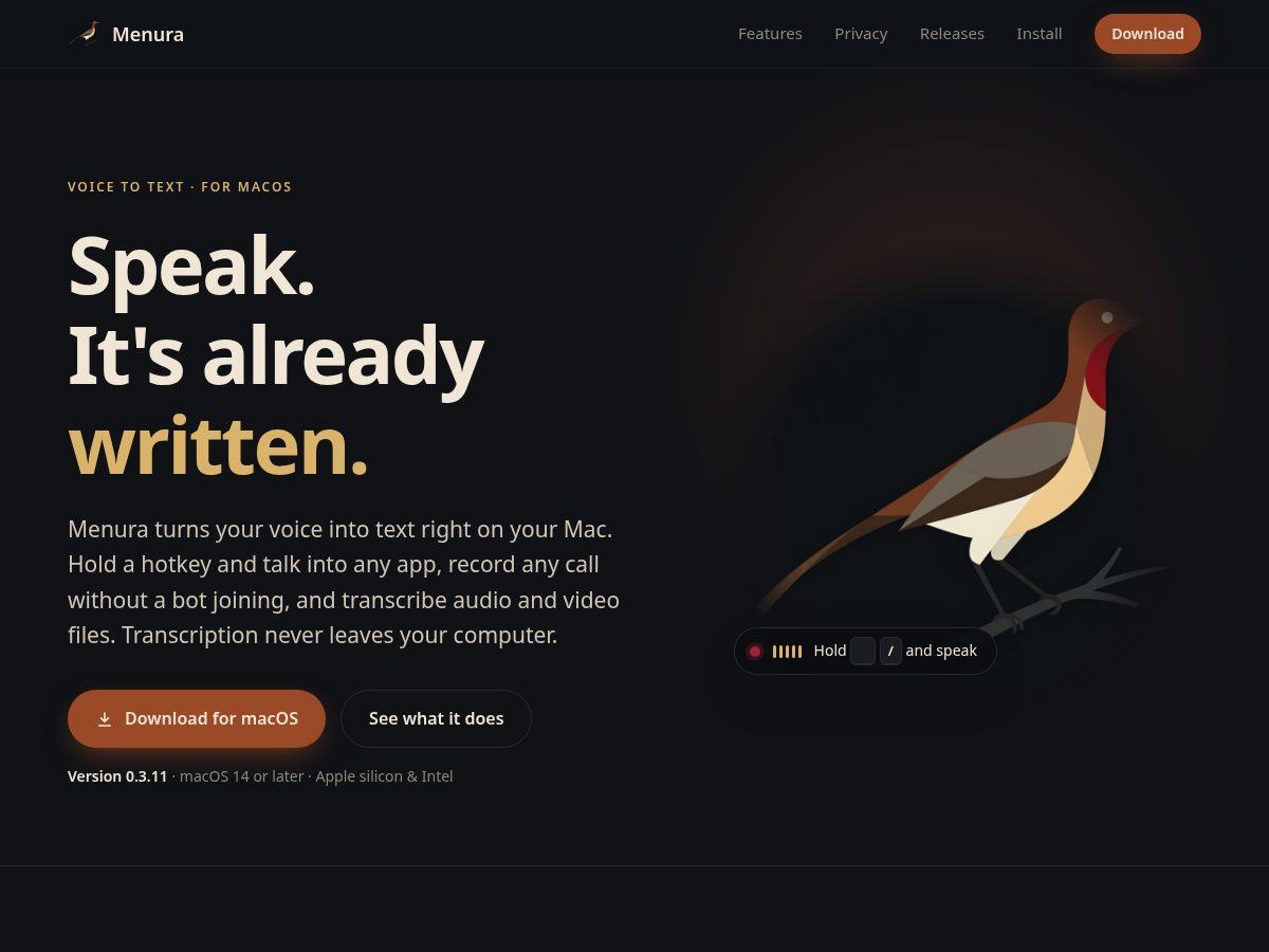 Landing-page snapshot of menura.space