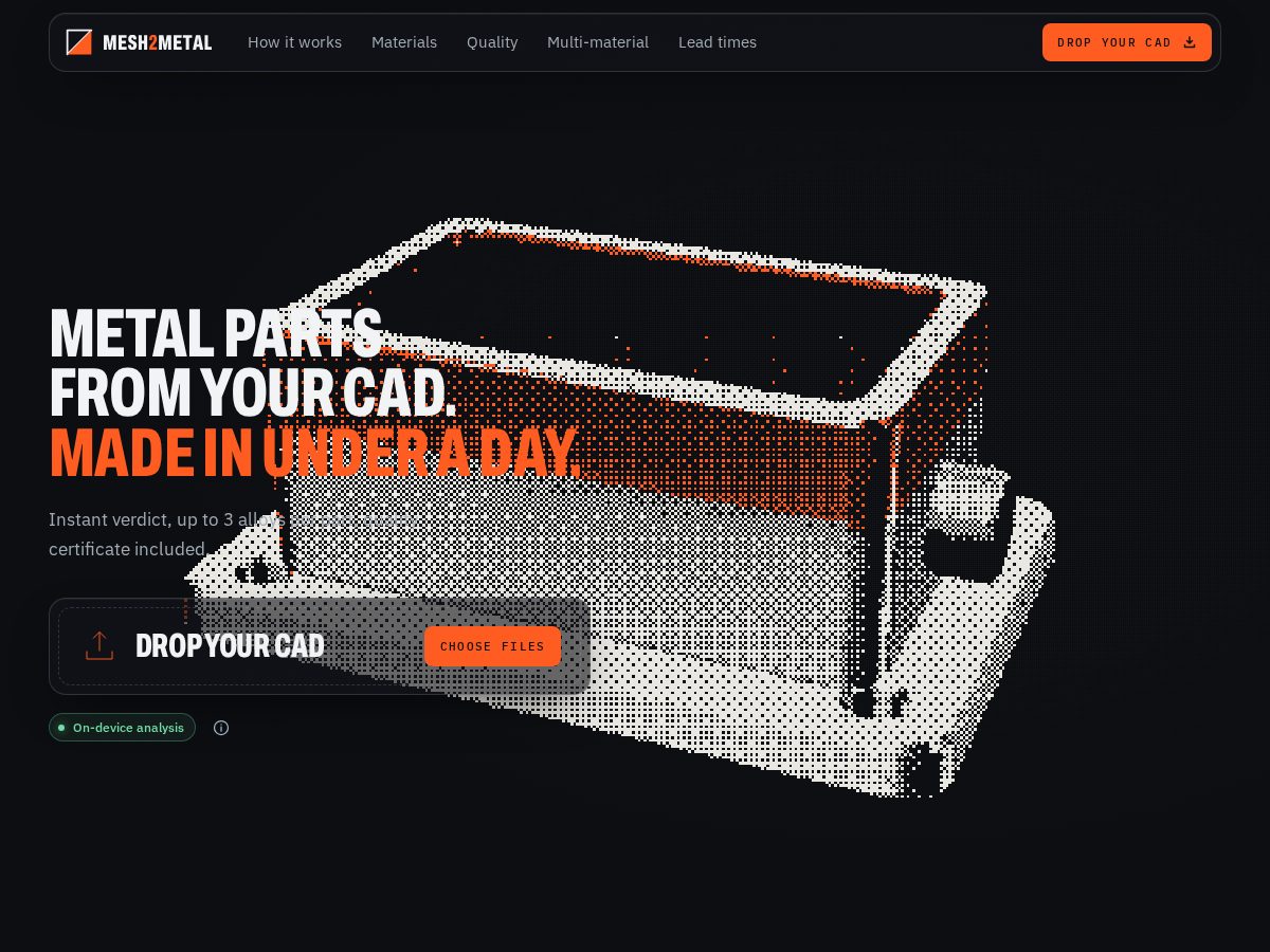 Landing-page snapshot of mesh2metal.com