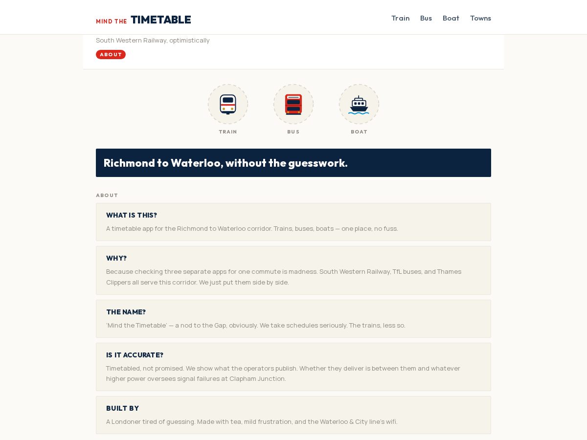Landing-page snapshot of mindthetimetable.com