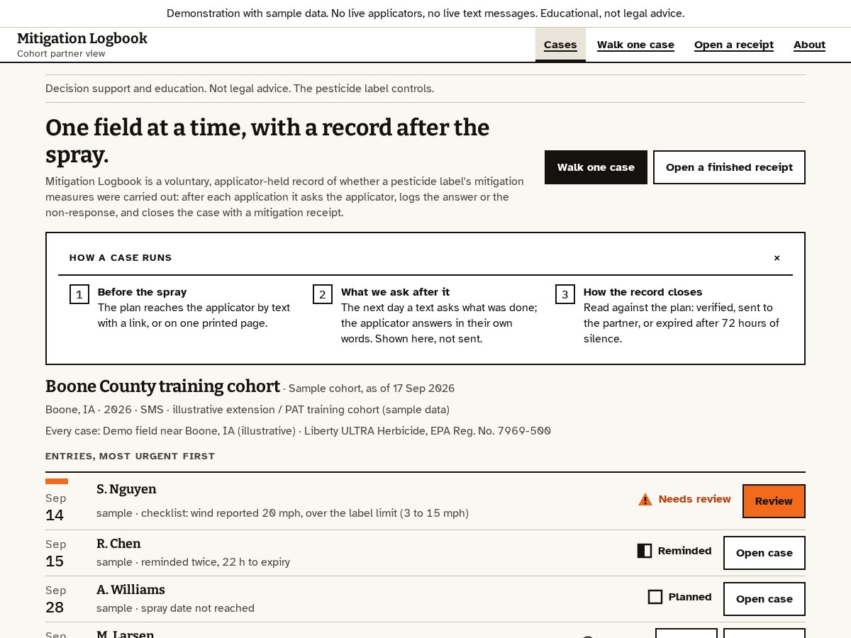 Landing-page snapshot of mitigationlogbook.com