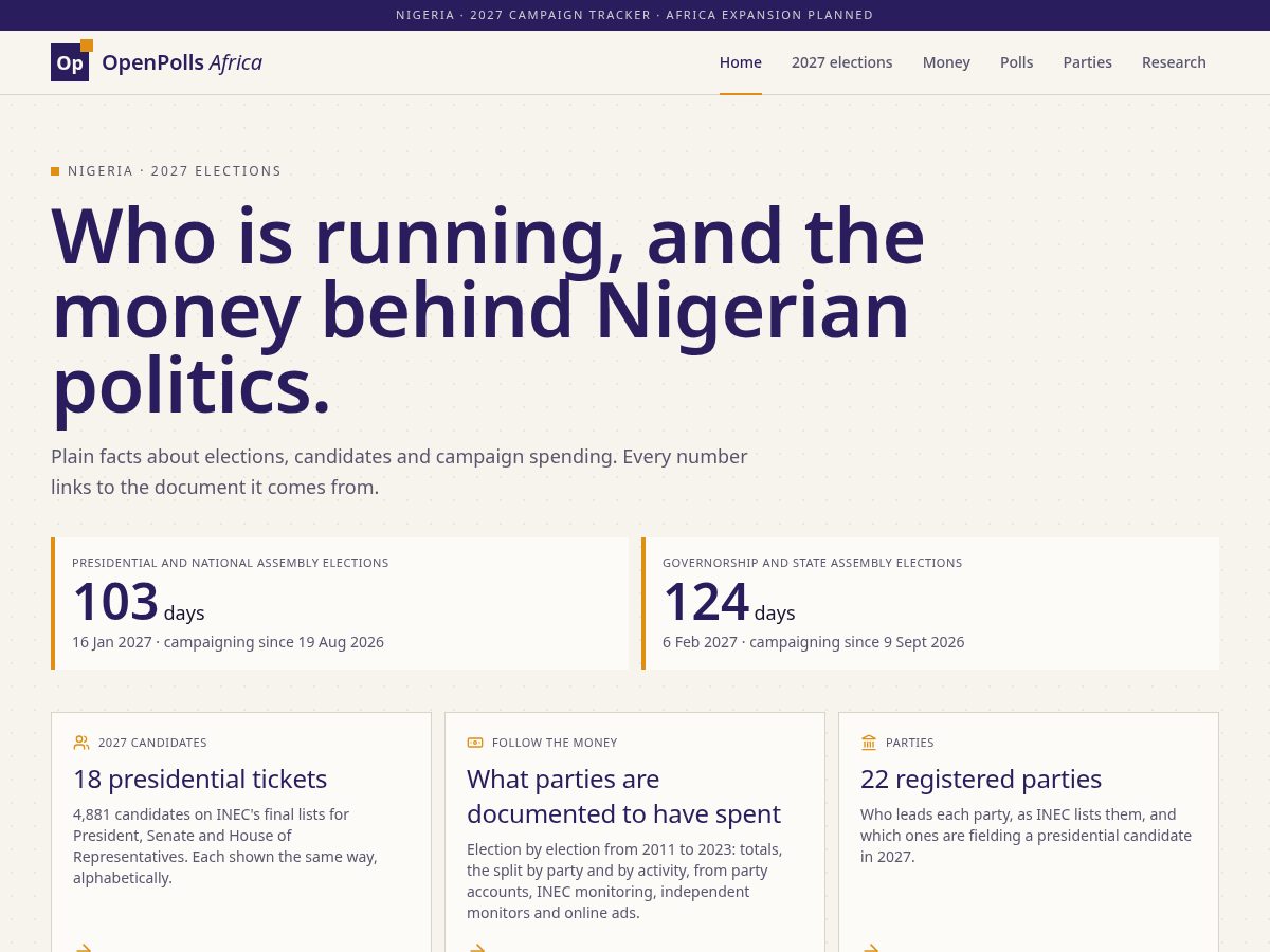 Landing-page snapshot of openpolls.africa
