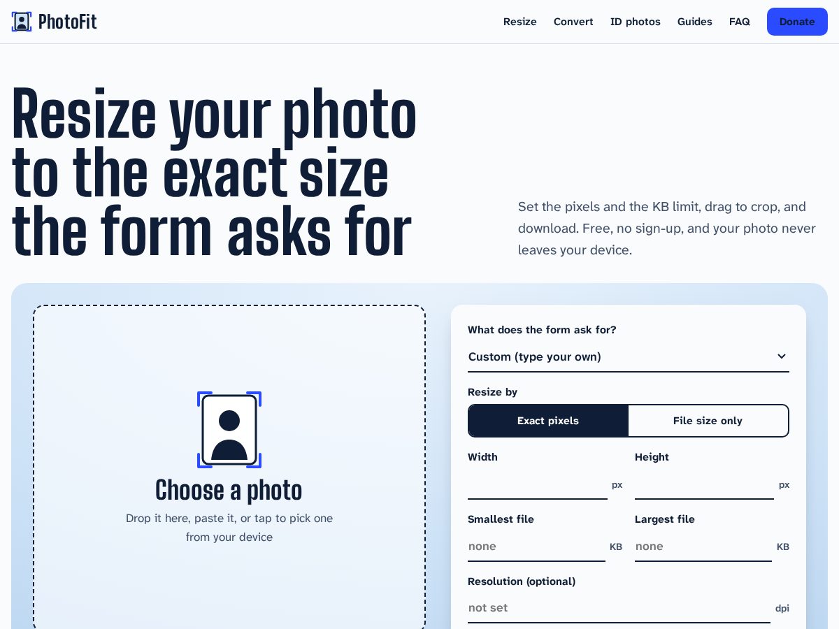 Landing-page snapshot of photofit.lol