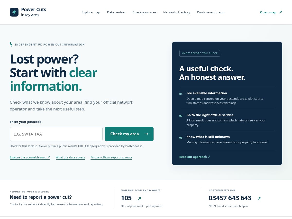 Landing-page snapshot of powercutsinmyarea.com