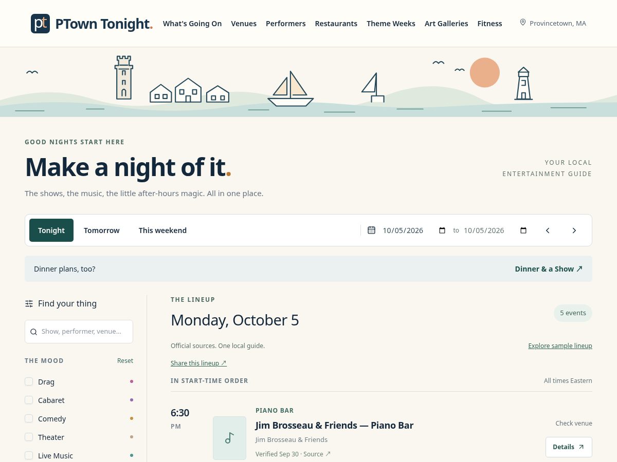 Landing-page snapshot of ptowntonight.com