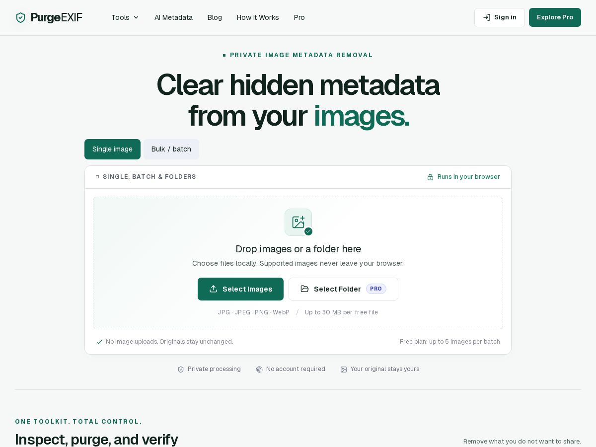 Landing-page snapshot of purgeexif.com