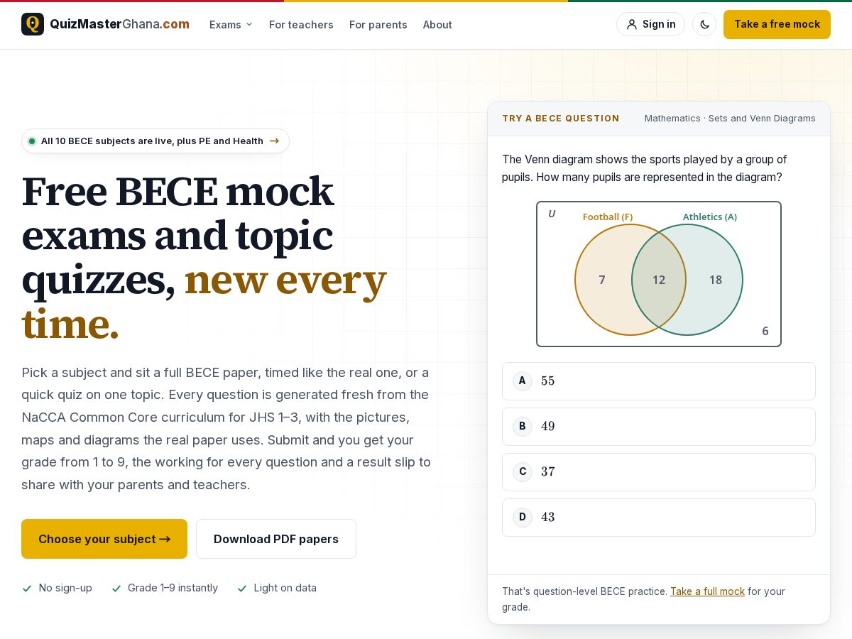 Landing-page snapshot of quizmasterghana.com