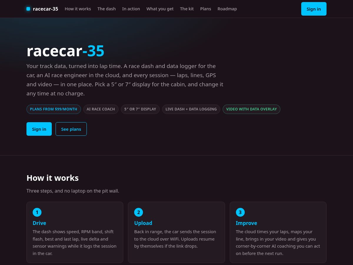 Landing-page snapshot of racecar35.com
