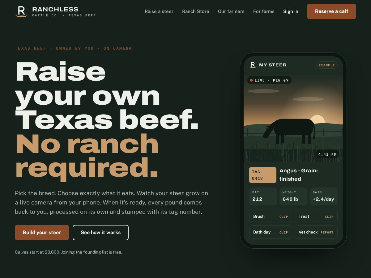Landing-page snapshot of ranchlesscattle.com
