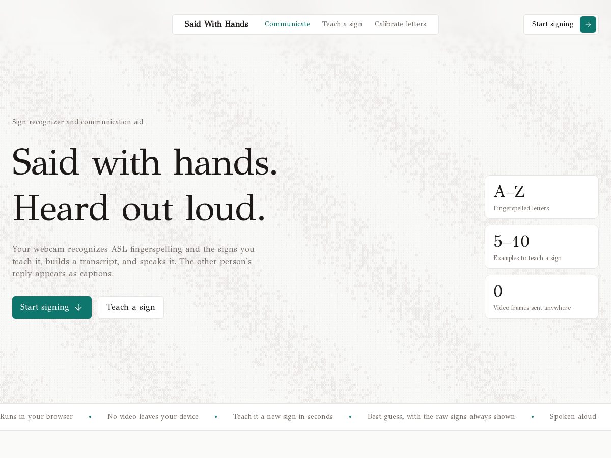 Landing-page snapshot of saidwithhands.tech