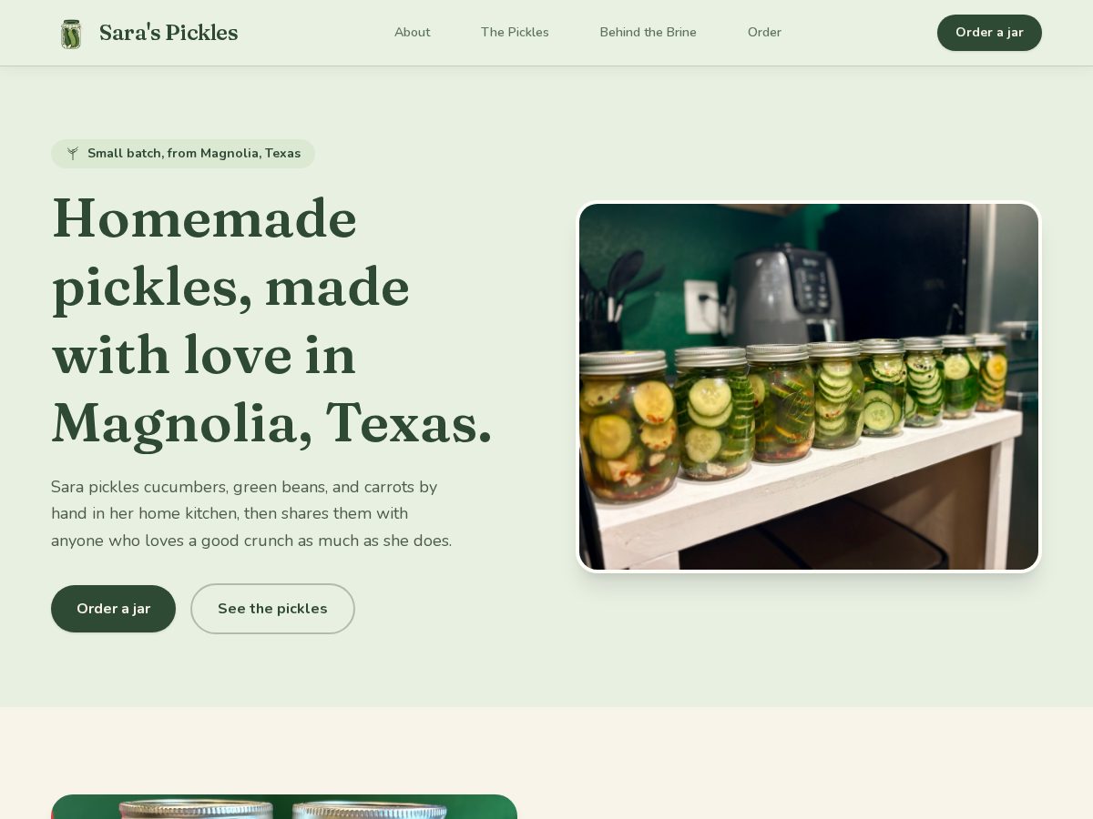Landing-page snapshot of saraspickles.com
