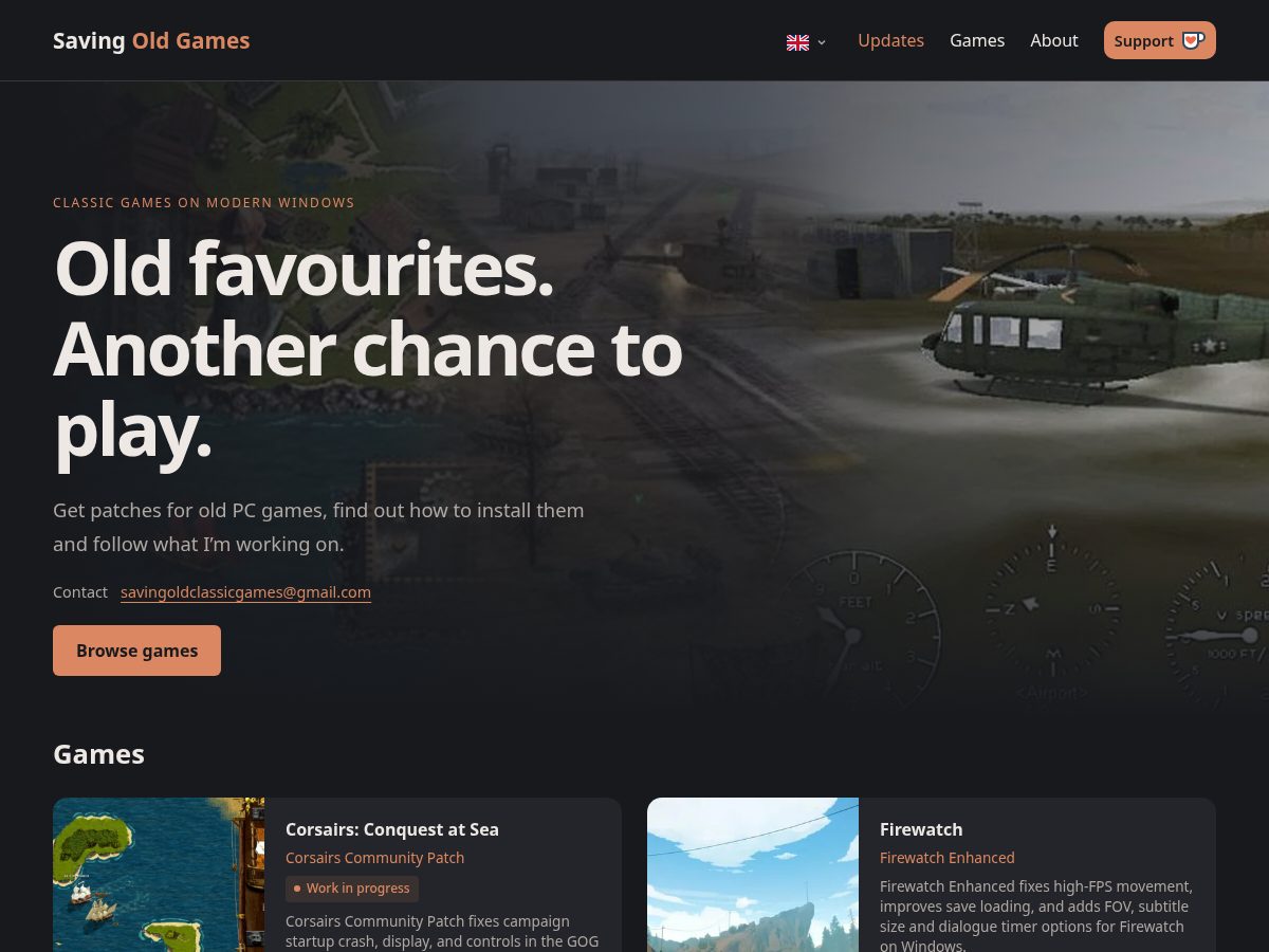 Landing-page snapshot of savingoldgames.com