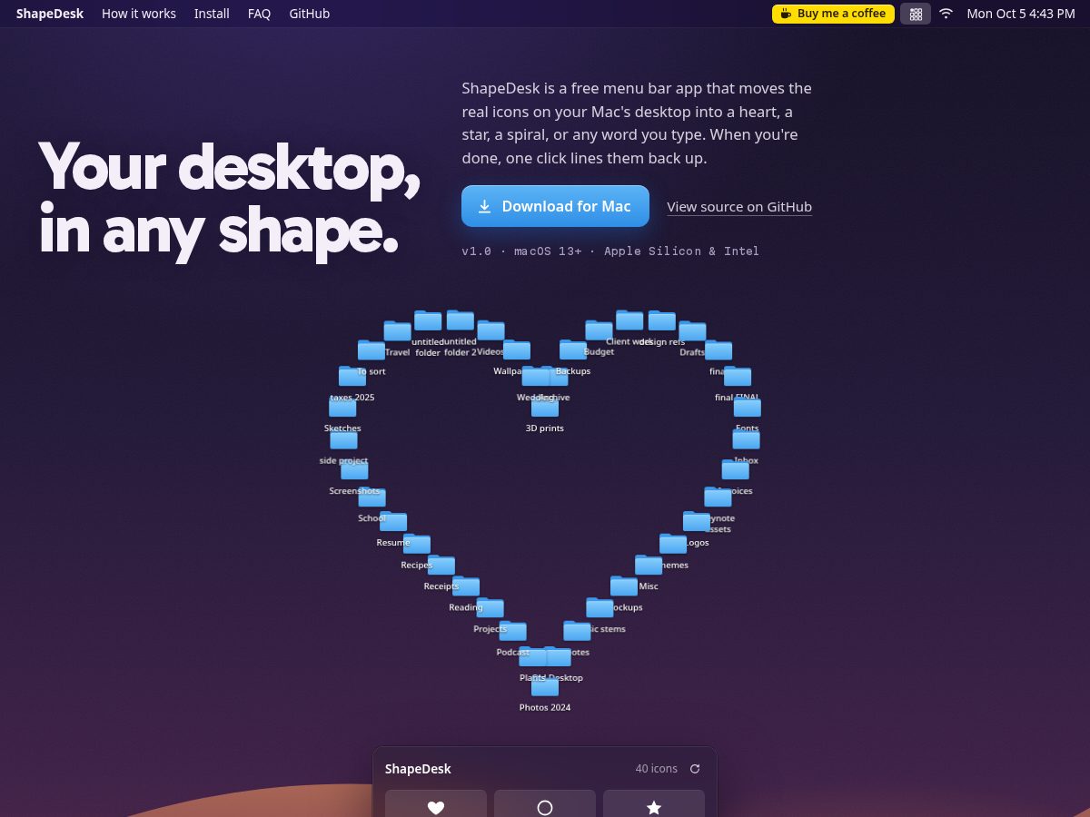 Landing-page snapshot of shapedesk.space
