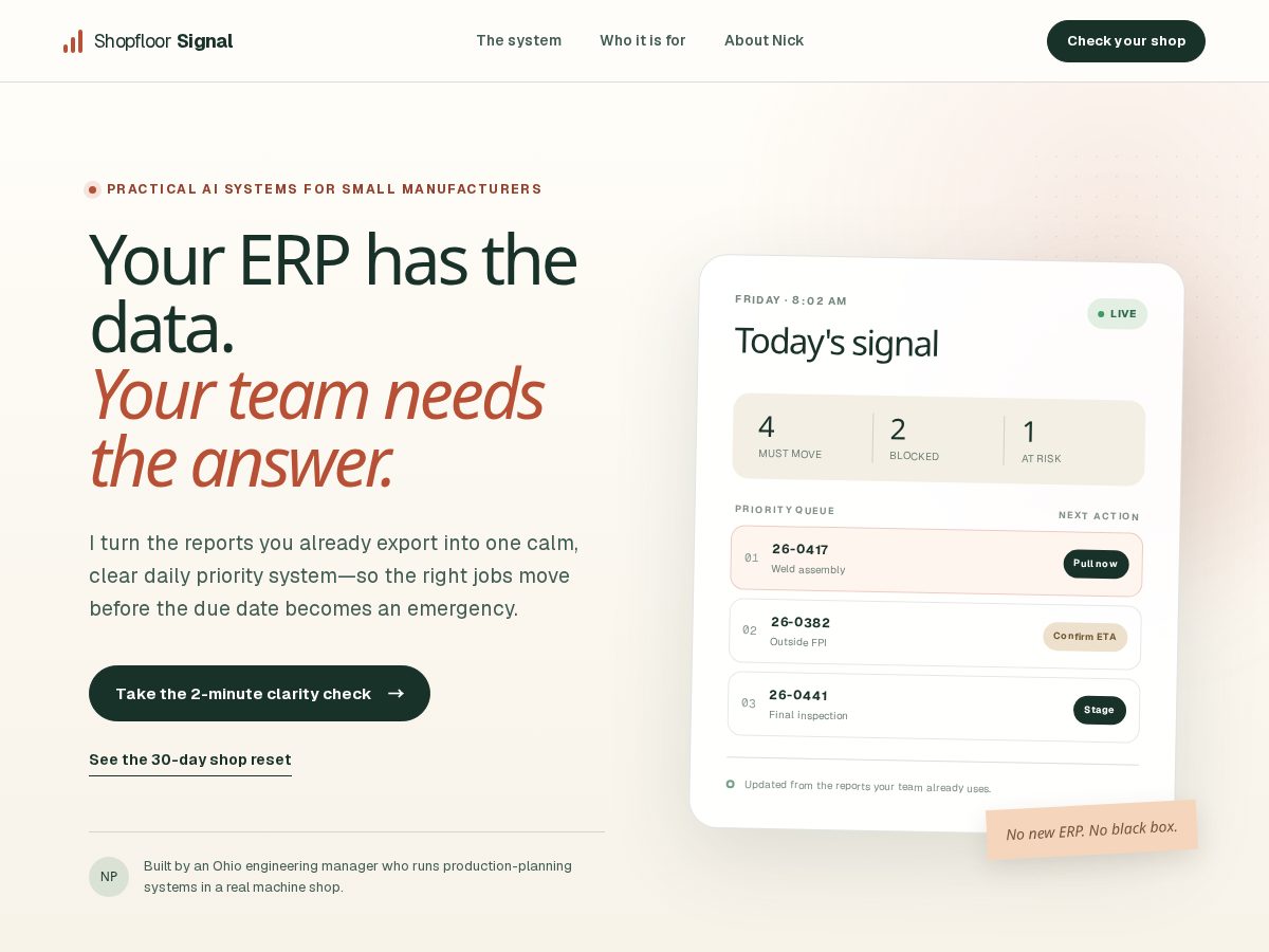 Landing-page snapshot of shopfloorsignal.com
