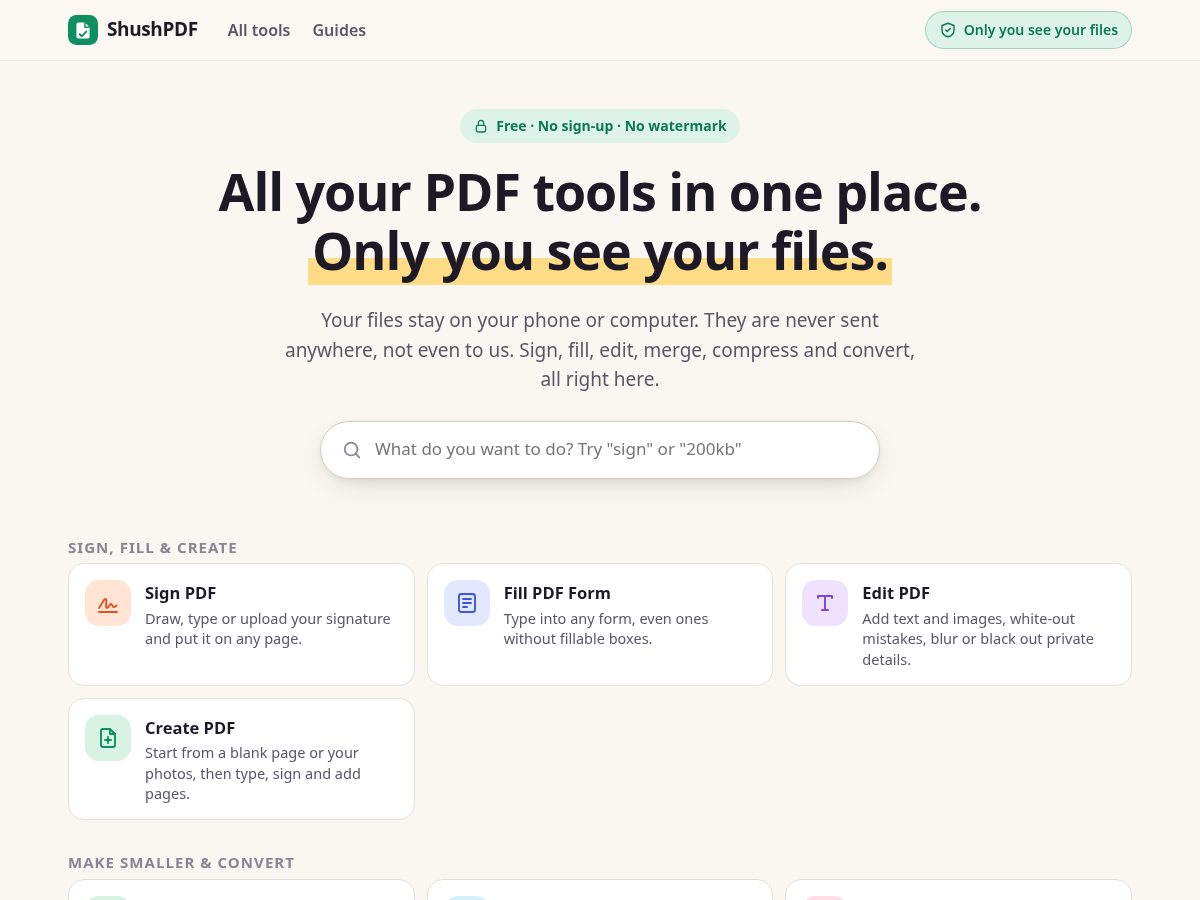 Landing-page snapshot of shushpdf.com