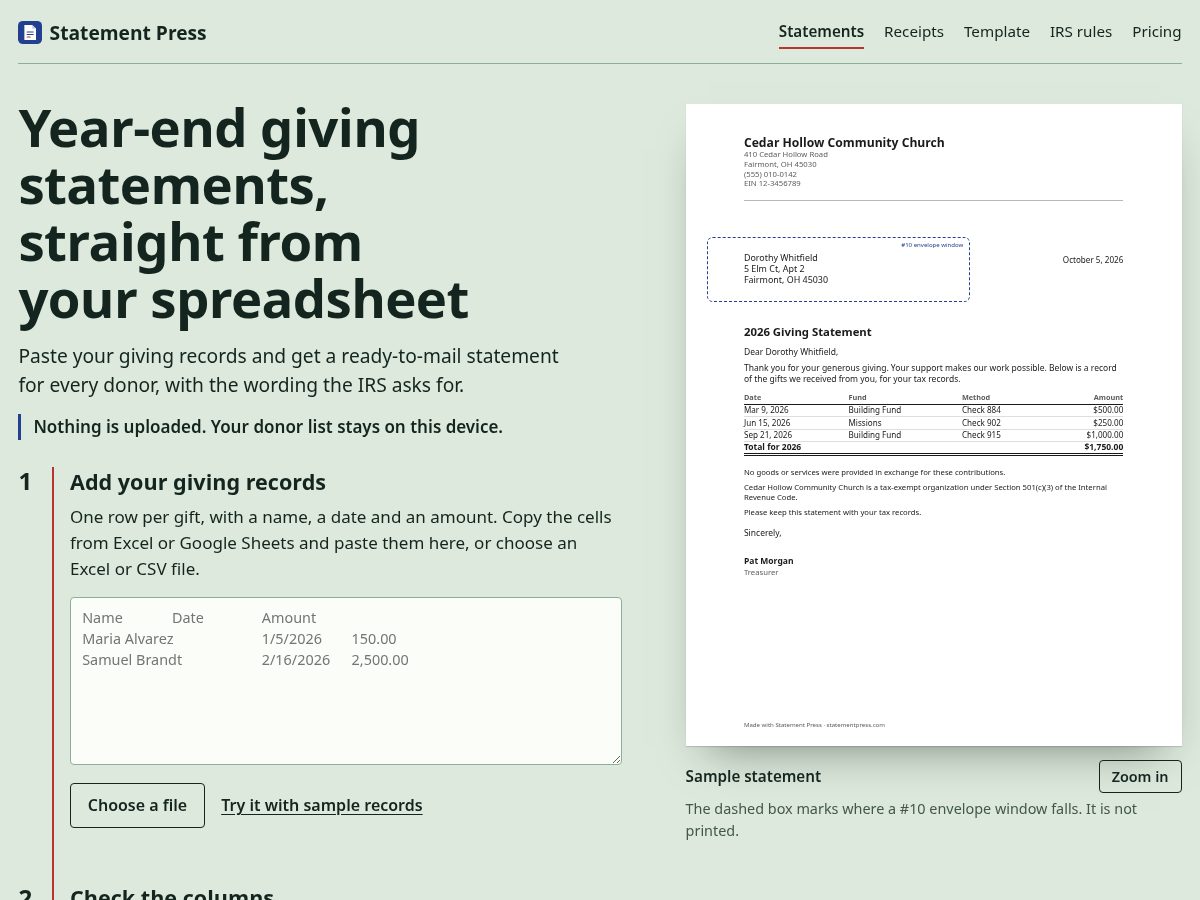 Landing-page snapshot of statementpress.com