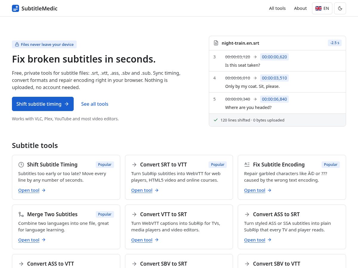 Landing-page snapshot of subtitlemedic.com