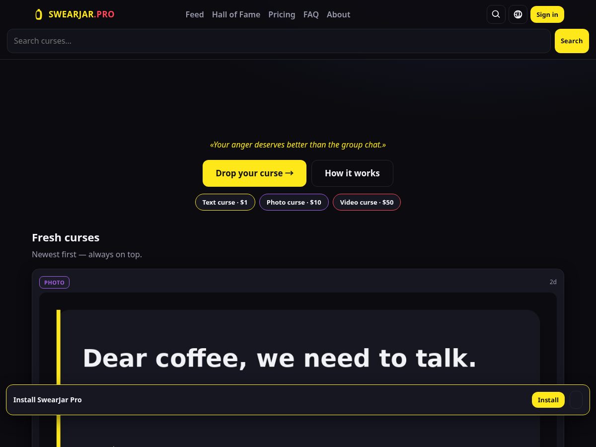 Landing-page snapshot of swearjar.pro